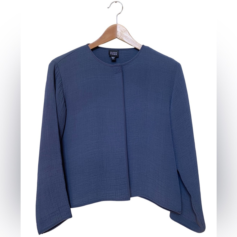 Eileen Fisher Blue Open Jacket with Magnetic Closure Silk Blend Boxy
